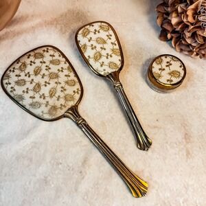 Vintage Gold Floral Vanity Set: Mirror, Brush, and Powder Box